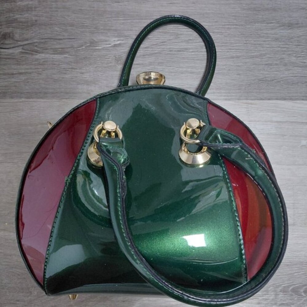 Vintage Shiny Leather Dome Satchel Purse Zip-around Handbag Top-handle Shell